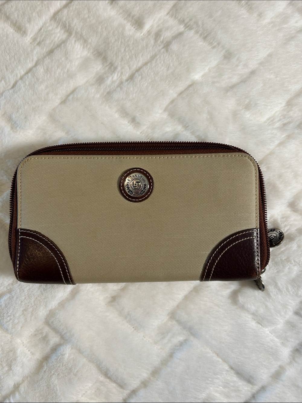 Le Tanneur Canvas Zip-Around Wallet with Brown Leather Trim 8x4.5x1 inches